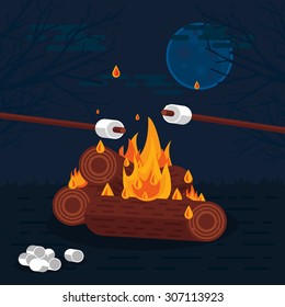 Flat Vector Illustration of Camp Fire at Night with Marshmallows