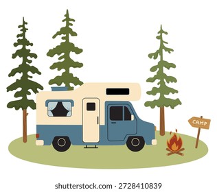 Ilustração de vetor plano de uma van de campismo em um acampamento de floresta com campfire e pinheiros, viagens ao ar livre e conceito de estilo de vida eco, perfeito para o turismo, camping, aventura e design temático da natureza.