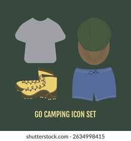 Flat vector illustration of camping gear icon set including boots, t-shirt, shorts, and cap on dark green background. 