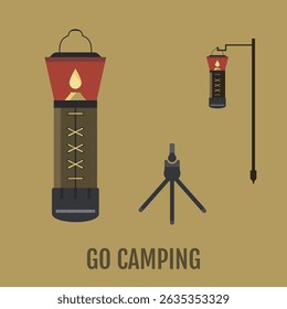 Flat vector illustration of a camping lantern set with tripod stand and pole hanger on earthy brown background. Perfect for outdoor adventure graphics, hiking infographics, or camping gear design.