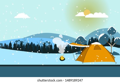 flat vector illustration of camping tent outdoor park at winter season