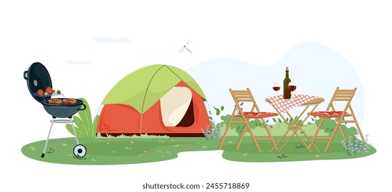 Flat vector illustration camping with a tent. Outdoor recreation with cooking grill, green plants, trees. Garden modern furniture for barbecue and picnic. Cartoon template BBQ summer parties