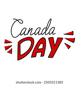 Flat vector illustration with Canada Day handwritten inscription. The inscription is made in the colors of the Canadian flag - red and white, with the addition of a black outline for emphasis