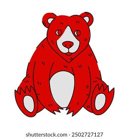 Ilustración vectorial plana de un oso canadiense en rojo con un contorno negro y textura. El oso se representa en una posición sentada. Un animal aislado brillante, el tema del Día de Canadá en un blanco