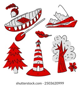 Flat vector illustration of Canadian nature, stylized as the Canadian flag. Canoe, spruce, oak, fir tree, oak, acorn, lighthouse, maple leaf. All elements are made in red, white with a black outline