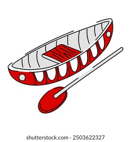 Ilustración vectorial plana de un kayak de madera canadiense. El kayak se representa en una forma característica, con un casco estrecho, una nariz afilada y una popa redondeada. Está hecho en colores rojo y blanco