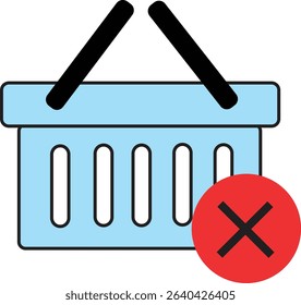 Flat Vector Illustration of Canceled Shopping Basket Icon with Red Cross Mark for E-Commerce, Retail Error, or Purchase Failed Notification