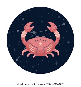 Flat vector illustration of cancer zodiac sign with stars and constellation