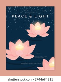 A flat vector illustration of a candle inside a lotus flower for making a wish. Designed in a clean and modern style for use in Buddha's Birthday event posters, temple festival banners, and religious content.