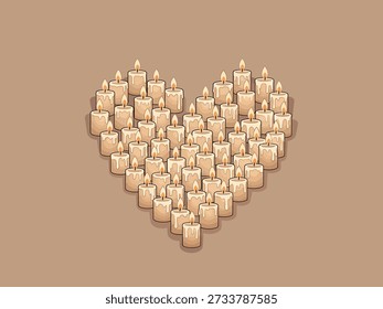 Ilustração vetorial plana de velas formando coração. Ilustração vetorial limpa para amor, romance, memorial, Dia dos Namorados e conceitos de luz de velas.