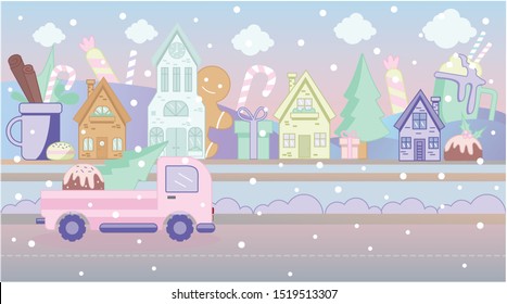 Flat vector illustration of a candy land. On the street are sweets, muffins, lollipops. Christmas city in the snow. On the road goes a red tractor with a Christmas tree and gifts. Candy color.