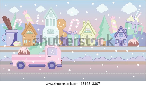 Flat vector illustration of a candy land. On the\
street are sweets, muffins, lollipops. Christmas city in the snow.\
On the road goes a red tractor with a Christmas tree and gifts.\
Candy color.