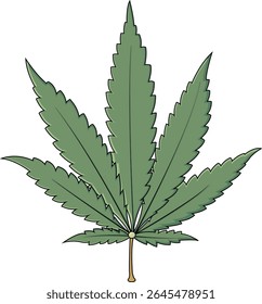 Ilustración vectorial plana de una hoja de marihuana con siete foliolos serrados y un tallo marrón claro. La hoja se representa en un tono verde natural con un color limpio,