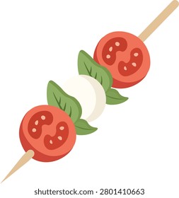 Flat vector illustration of a caprese skewer featuring fresh tomato, mozzarella cheese, and basil leaves on a wooden toothpick