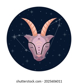 Flat vector illustration of capricornus zodiac sign with stars and constellation