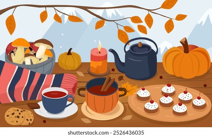 Flat vector illustration captures a cozy autumn scene. It features a picnic setup with pumpkins, a basket of bread and fruits, a teapot, and warm drinks, evoking a warm, autumnal mood