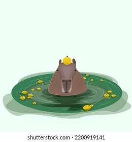 Flat vector illustration of capybara in water with lemons
