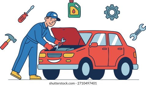 Flat vector illustration of a car mechanic repairing a red vehicle engine. Auto service and maintenance concept with tools like wrench, screwdriver, and oil can isolated on white background.