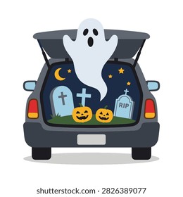 A flat vector illustration of a car trunk decorated for a Halloween trunk-or-treat event, featuring a ghost, tombstones, and jack-o-lanterns.