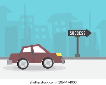 flat vector illustration car in urban city way to success sign