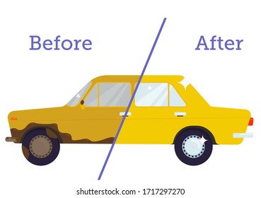 Ilustración vectorial plana: concepto de lavado de coches. camión sucio y camión limpio.