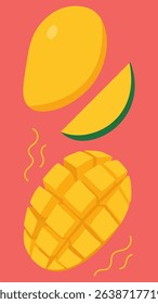 Flat vector illustration of carabao mango with whole, sliced, and diced parts on a pink background – sweet tropical fruit in a modern cartoon style