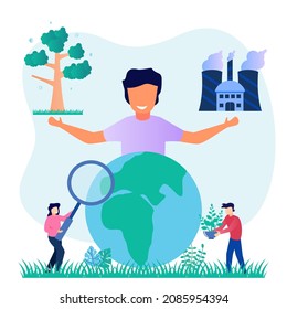 Flat Vector Illustration Of Carbon Dioxide CO2 Neutral Balance. Strategies To Maintain A Safe Atmosphere As A Future Natural Goal.