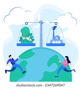 Flat vector illustration of carbon dioxide CO2 neutral balance. Strategies to maintain a safe atmosphere as a future natural goal.