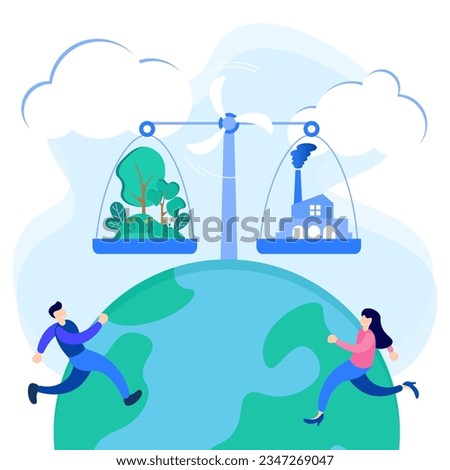 Flat vector illustration of carbon dioxide CO2 neutral balance. Strategies to maintain a safe atmosphere as a future natural goal.