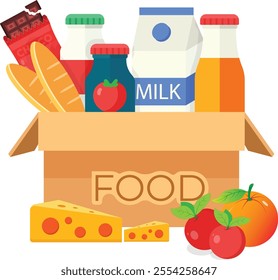 A flat vector illustration of a cardboard box labeled "Food" containing an assortment of fresh groceries, including milk, bread, juice, cheese, chocolate, and fruits like tomatoes and oranges.