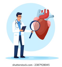 Flat vector illustration. A cardiologist holding a large magnifying glass and studying the health of the heart 
