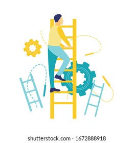 Flat vector illustration, career concept of a man climbing a ladder in blue and yellow flat style.