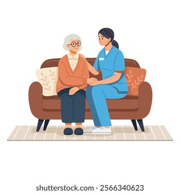 Flat vector illustration of a caregiver in blue scrubs providing support and comfort to an elderly woman sitting on a couch.