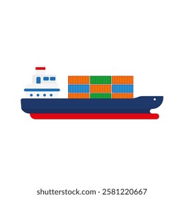 flat vector illustration of cargo ship with containers isolated on white background, industrial commercial delivery and logistic services element