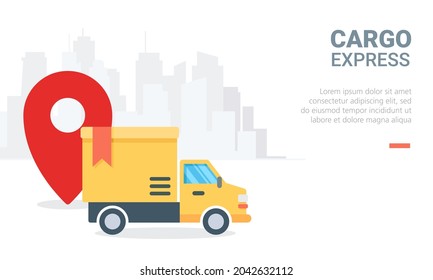 Flat vector illustration of cargo truck locator tracking. Perfect for design element of delivery service, cargo transportation, and shipping company webpage.