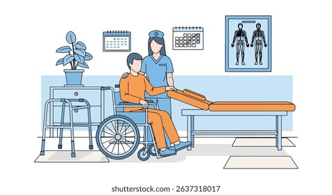 Flat vector illustration of a caring female nurse assisting a young male disabled patient in a wheelchair in a clinic room. Emphasizes rehabilitation and medical support