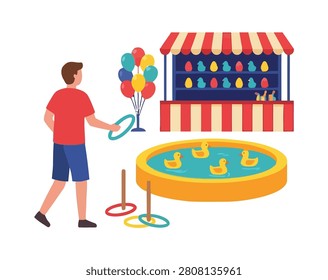 Flat vector illustration of a carnival ring toss game booth with balloons and prizes, perfect for fair, festival, and amusement-themed designs.