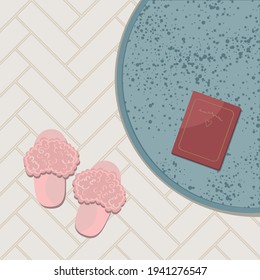 Flat vector illustration. Carpet, floor. slippers, book. Home. Bedroom. Interior