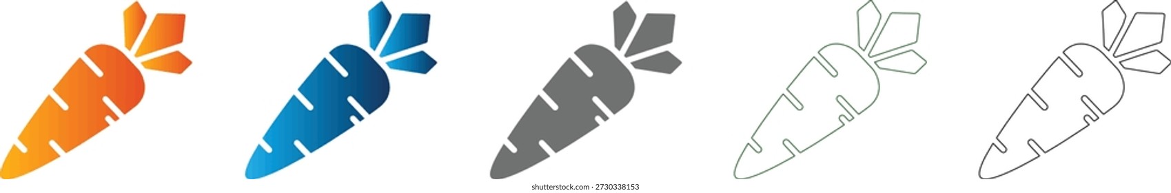 Eine flache, Vektorgrafik einer Karotte in verschiedenen Farben, Teil eines einheitlichen Symbolsatzes, einzeln auf weißem Hintergrund mit durchgehenden schwarzen Linien.