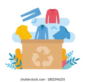 Flat Vector Illustration With Carton Box And Old Clothes For Upcycling, White Background