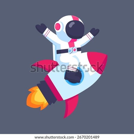Flat vector illustration of a cartoon astronaut happily riding on a flying rocket in outer space on a dark background. Perfect for space, fantasy, and children themes