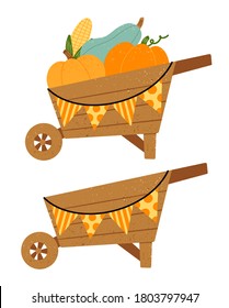 Flat vector illustration of a cartoon autumn harvest wheelbarrow with vegetables. A wheelbarrow with pumpkins and corn. Empty wheelbarrow.
