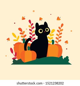 Flat vector illustration with a cartoon black cat that sits with pumpkins. A black cat with big yellow eyes sits near a large pumpkin. Around autumn leaves of red and yellow color and leaf fall.