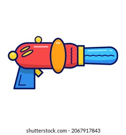 Ilustración vectorial plana con tira de caricatura. Arma láser azul y amarillo o pistola de rayos en fondo blanco aislado. 