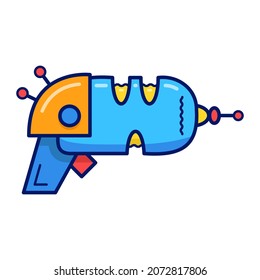 Ilustración vectorial plana con tira de caricatura. Arma láser azul o arma de rayos en fondo blanco aislado. 