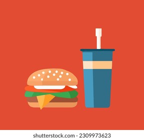 Flat vector illustration of cartoon burger with drink on red background