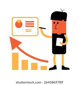 Flat vector illustration of a cartoon businessman presenting data analysis report with pie chart, bar graph, and upward arrow showing business growth and success