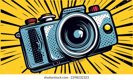 Flat vector illustration of cartoon camera on yellow background