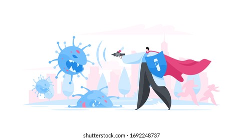 Flat vector illustration of cartoon character modern superhero doctor with shield and cape shooting aggressive coronavirus with drug while standing on city street