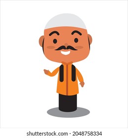 A flat vector illustration of cartoon character depicting Indonesian Southeast Asian man wearing muslim attire typically wore by "Pak Haji", Muslim elderly man who already did his pilgrimage (hajj)